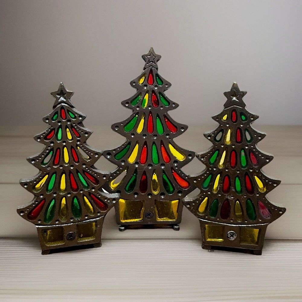 VTG Christmas Tree Cast Iron Stained Glass Tiffany Glow Candle Holder Set 3